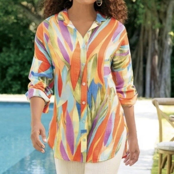 {Soft Surroundings} Peregrine Gauze Shirt Tunic Blouse Abstract Fiery Print - Picture 1 of 13